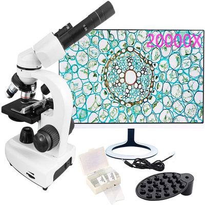 20000X Binocular Microscope for Adults, 45 Observation, LED Illumination, Five Color Filter, with Microscope Slides Phone Holder and Specimen Preparation Kits