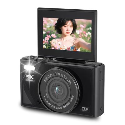 5K HD & 75MP Digital Camera 18X Digital Zoom - WiFi Vlogging Camera for Photography & Video, Autofocus, 3 Inch Screen, 128GB(Not Included), 1150mAh (Black)