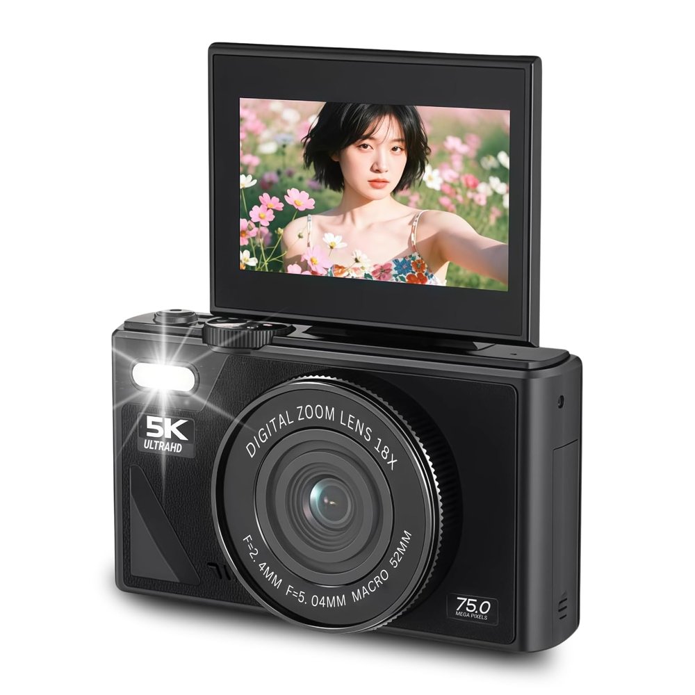 5K HD & 75MP Digital Camera 18X Digital Zoom - WiFi Vlogging Camera for Photography & Video, Autofocus, 3 Inch Screen, 128GB(Not Included), 1150mAh (Black)