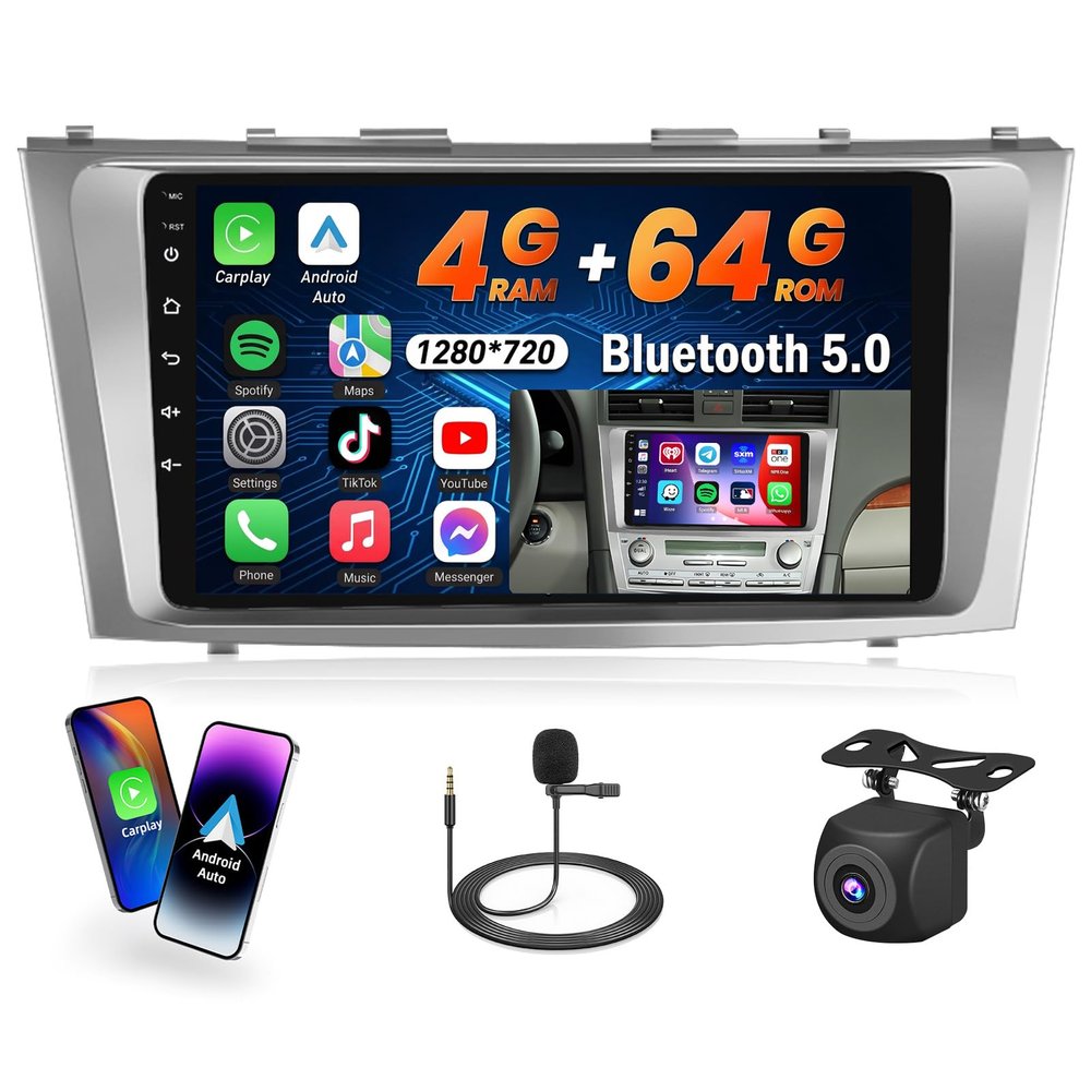 [32EQ & DSP] 4+64G Car Radio for Toyota Camry 2006-2011, 9 inch 1280 * 720 Touch Screen Bluetooth Radio with Wireless Carplay Android Auto Bluetooth5.0 GPS Navigation 5GHz WiFi + Backup Camera