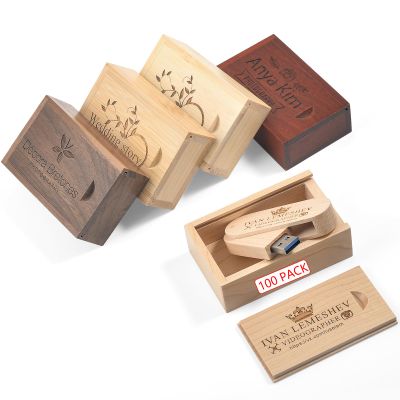 Custom Wood USB 3.0 Flash Drive with Wooden Box, Wedding Thumb Drive with Exquisite Linen Bag, Personalized Swivel USB Stick, Engraved Your Logo & Text for Graduation/Company/Photography (8GB 50Pcs)