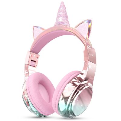 QearFun Kids Unicorn Bluetooth Headphones, 60H Playtime, 74/85/94dB Safe Volume Limit, Metallic Gradient Wireless Headset with Mic, Fast Charging, Foldable, Wired Mode for Girls School/Tablet/Travel