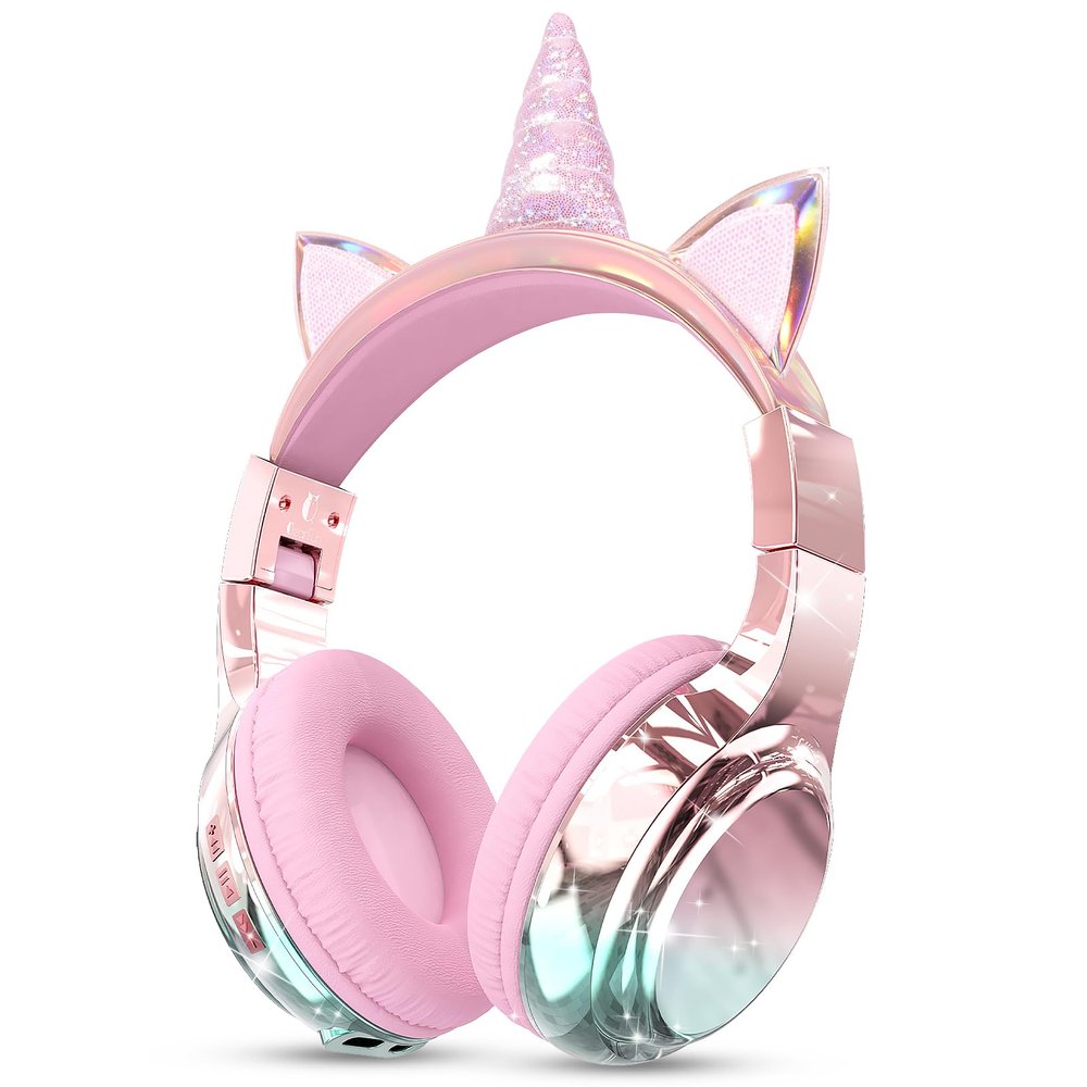 QearFun Kids Unicorn Bluetooth Headphones, 60H Playtime, 74/85/94dB Safe Volume Limit, Metallic Gradient Wireless Headset with Mic, Fast Charging, Foldable, Wired Mode for Girls School/Tablet/Travel