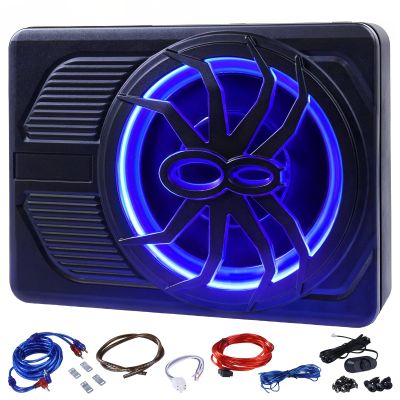 10" 800W Slim Under Seat Powered Car Subwoofer with Stereo Surround Sound & Blue LED Ambient Light, Slim Bass Built-in High to Low, for Car/Truck Audio Sub Built in Amplifier, High/Low Level Input