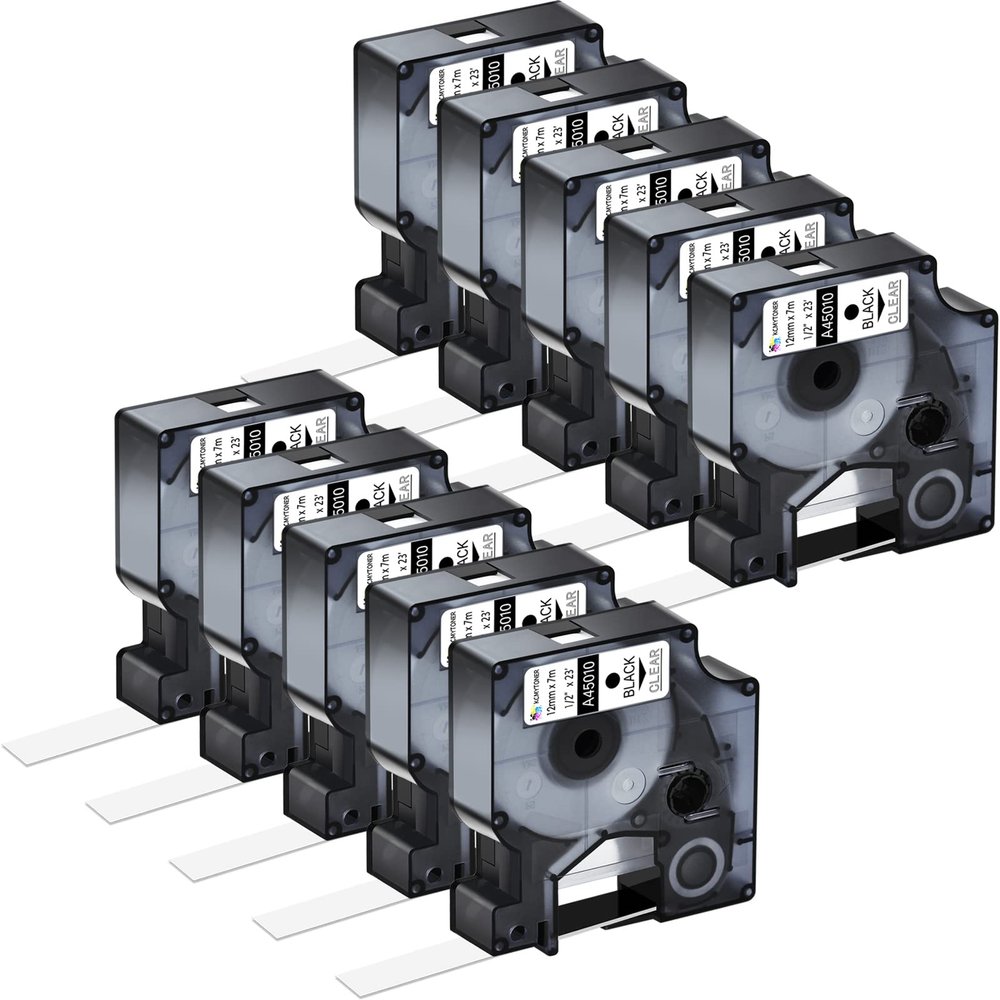 KCMYTONER 10 Pack Compatible for Dymo D1 45010 S0720500 Label Maker Tape Black on Clear 1/2 inch x 23 feet Label Tape for LabelPoint 100 150 200 250 300 350