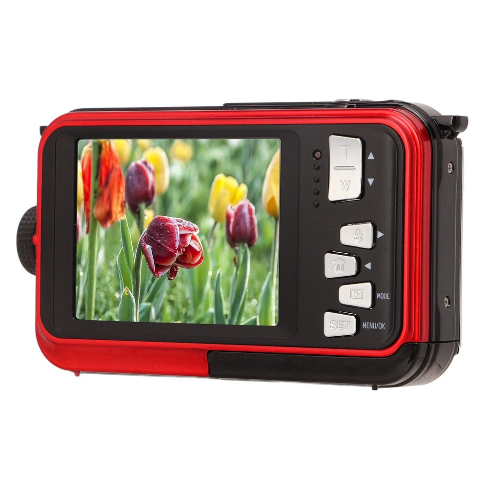 Underwater Digital Camera, Full HD 2.7K 48MP Water Proof Camera with Front Rear Selfie Dual Screen, 16x Digital Zoom, Camcorder for Travel Vlog (Red)