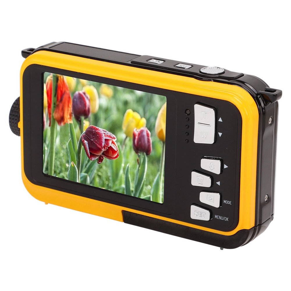 Underwater Digital Camera, Full HD 2.7K 48MP Water Proof Camera with Front Rear Selfie Dual Screen, 16x Digital Zoom, Camcorder for Travel Vlog (Yellow)