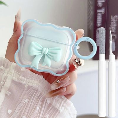 Cute AirPods 4 Clear Case Cover, Girly 3D Bow Design Soft TPU Protective Shockproof Kawaii Apple iPod 4th Generation Cover with Cleaner Kit & Keychain Girls - Turquoise