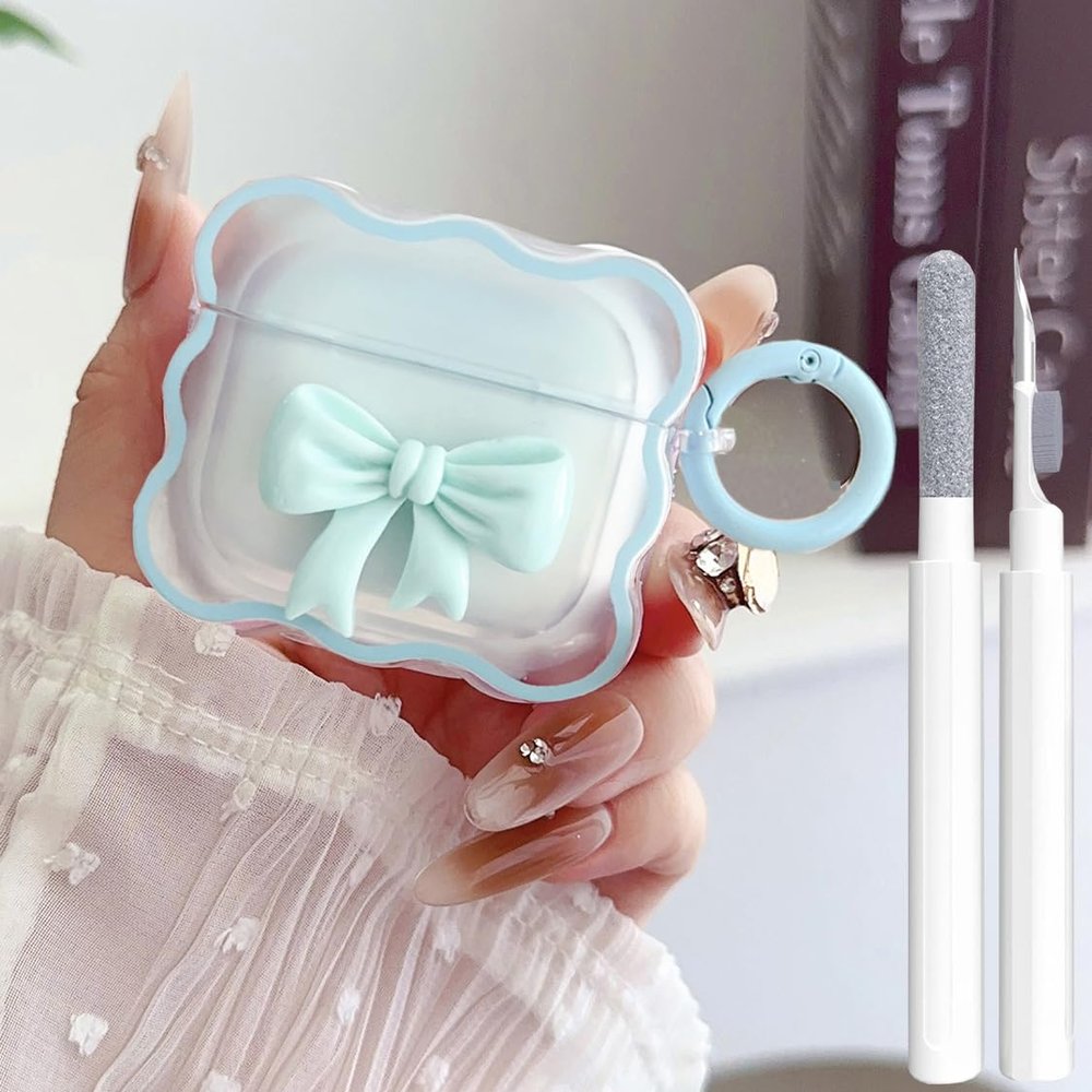 Cute AirPods 4 Clear Case Cover, Girly 3D Bow Design Soft TPU Protective Shockproof Kawaii Apple iPod 4th Generation Cover with Cleaner Kit & Keychain Girls - Turquoise
