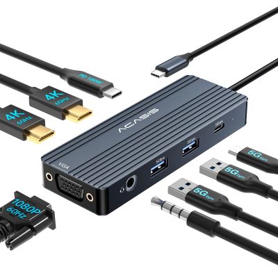 USB C Docking Station Dual Monitors,Laptop Docking Station with Dual HDMI 4K@60HZ,1*VGA 1080P@60HZ,2 * 5G USB A,1 * 5G USB C,3.5MM Audio,PD100W;8 in 1 Dock Station for MacBook/Windows (Grey)