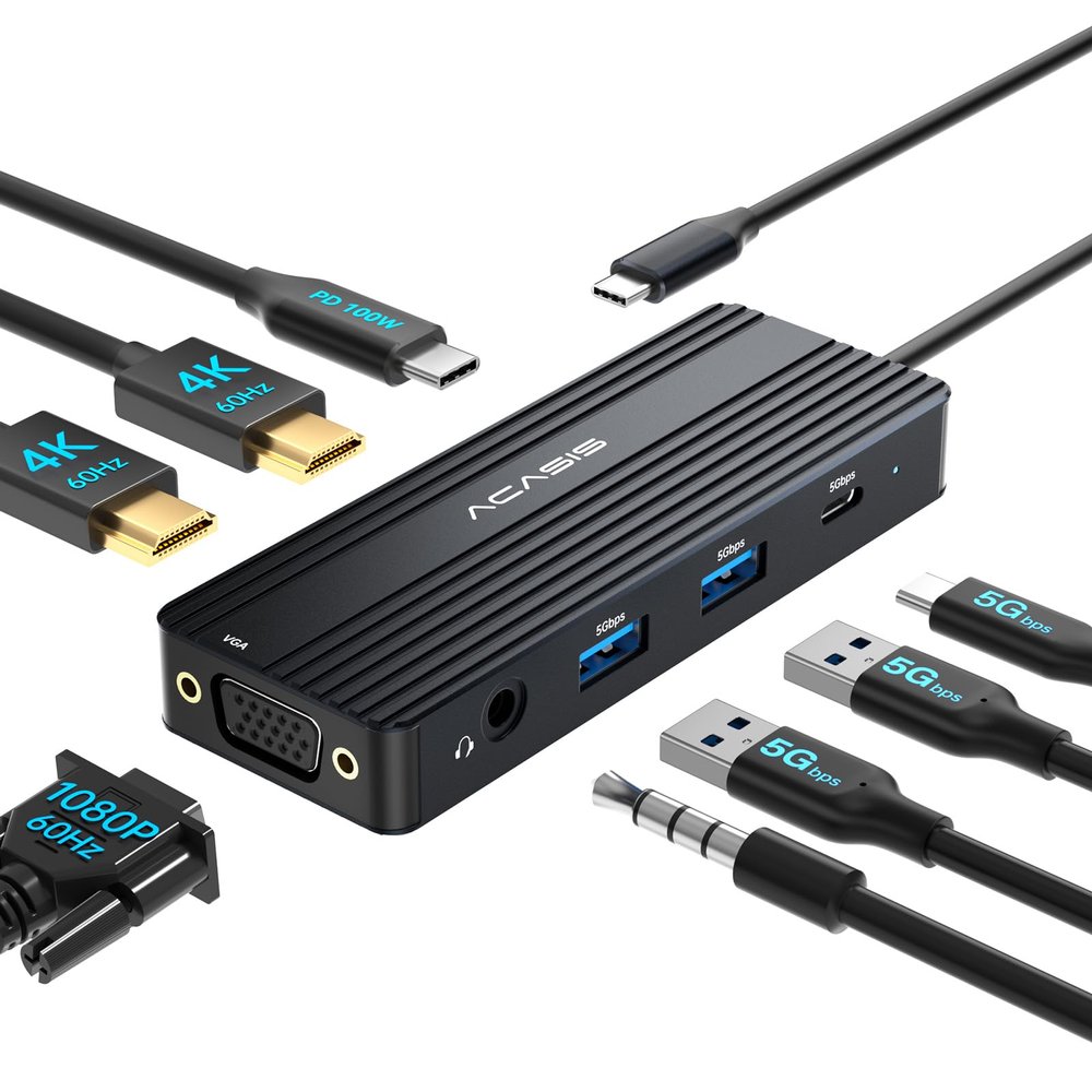 USB C Docking Station Dual Monitors,Laptop Docking Station with Dual HDMI 4K@60HZ,1*VGA 1080P@60HZ,2 * 5G USB A,1 * 5G USB C,3.5MM Audio,PD100W;8 in 1 Dock Station for MacBook/Windows (Black)