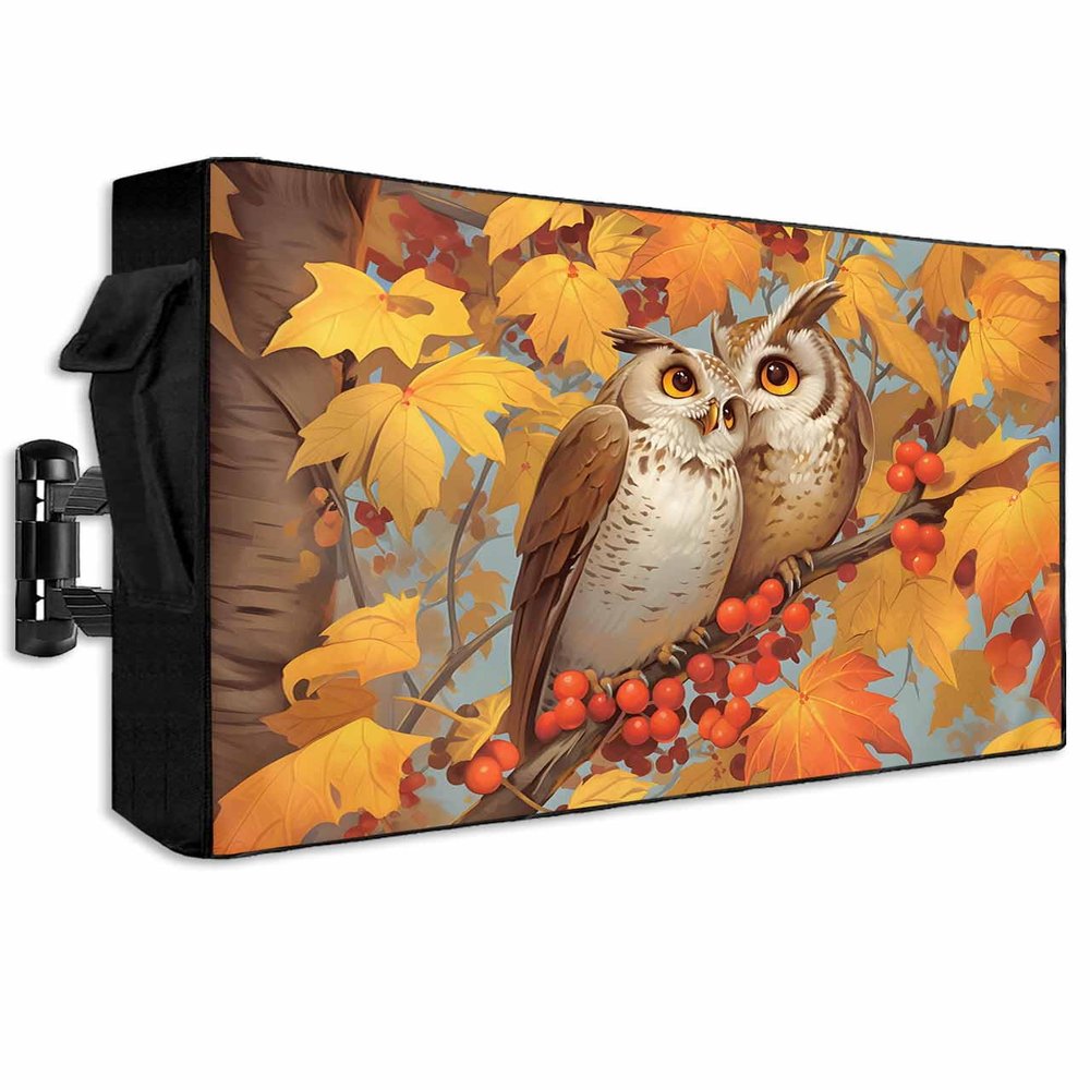 Outdoor TV Cover with Zipper 30 to 32 Inch, Cartoon Owls Maple Leaves Berries Fall TV Screen Protector for Outside Weatherproof Waterproof 600D Fabric TV Enclosure with Pocket
