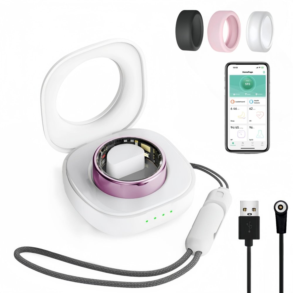 UniJethro Smart Ring for Women Men, Health Fitness Tracker, IP68 Waterproof Rings, Sleep Ring with Charging Case and Ring Protector, Remote Photography, Family Care, No App Fees (Lavender Pink, 7#)