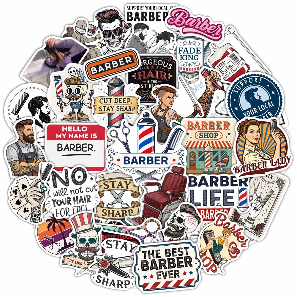 100Pcs Barber Stickers and Decals for Water Bottle, Laptop - Barbershop Stickers - Barber Gifts for Men, Party Supplies - Gift for Women & Men
