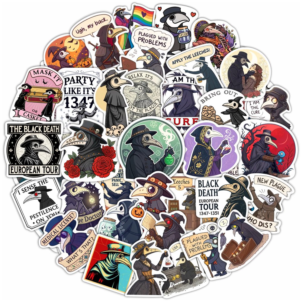 100Pcs Plague Doctor Stickers for Water Bottle, Laptop - Plaque Doctor Decoration & Party Supplies - Spooky Stickers - Gift for Women & Men