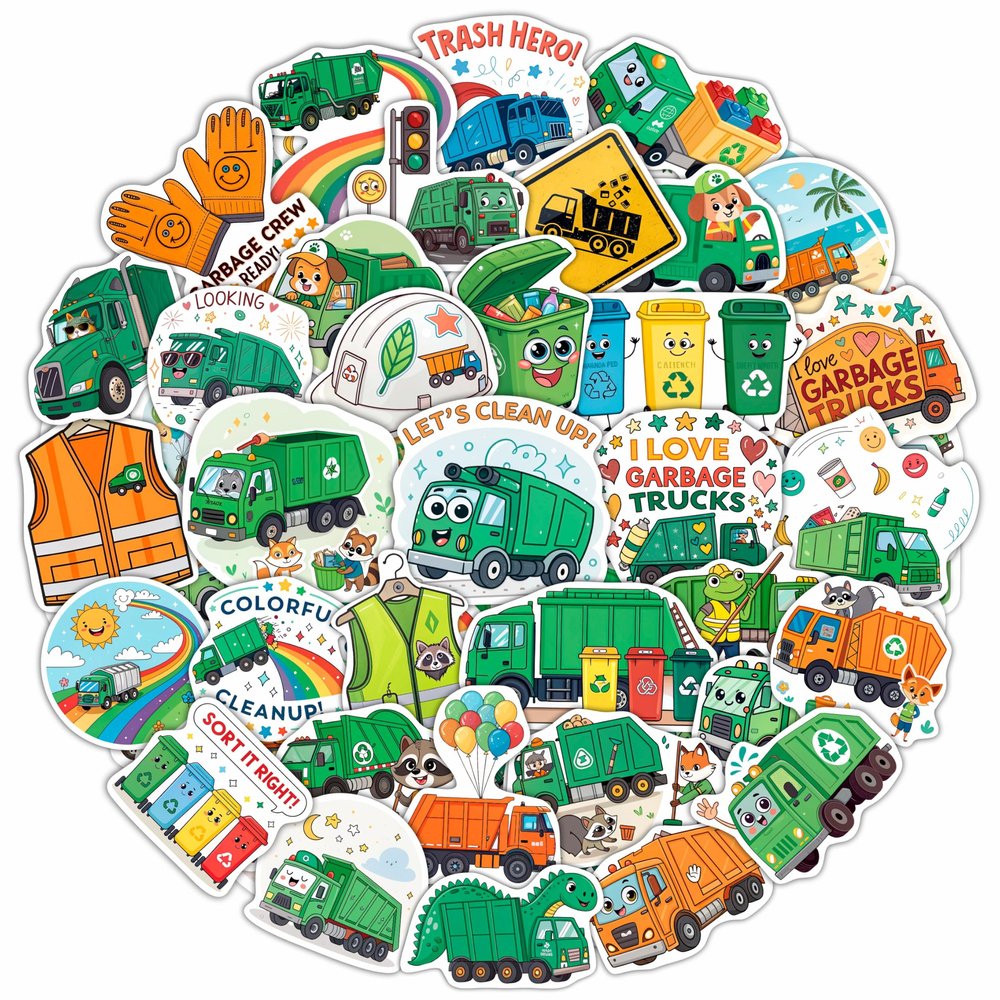 100Pcs Garbage Truck Stickers for Water Bottle, Laptop - Trash Truck Stickers - Garbage Car Party Supplies & Decoration- Gift for Women & Men