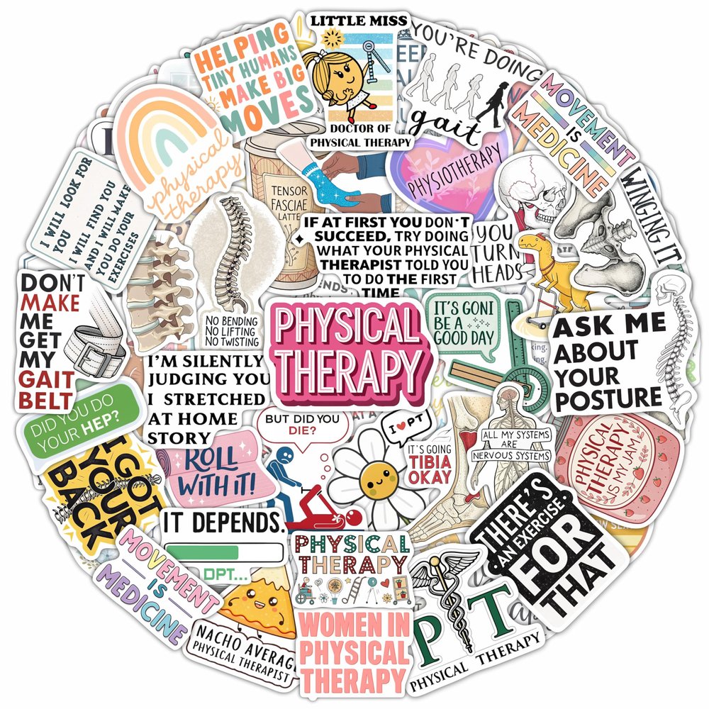 100Pcs Physical Therapy Stickers and Decals for Water Bottle, Laptop - Physical Therapist Gifts & Party Decorations - Medical, Occupational Therapy Stickers- Gift for Women & Men
