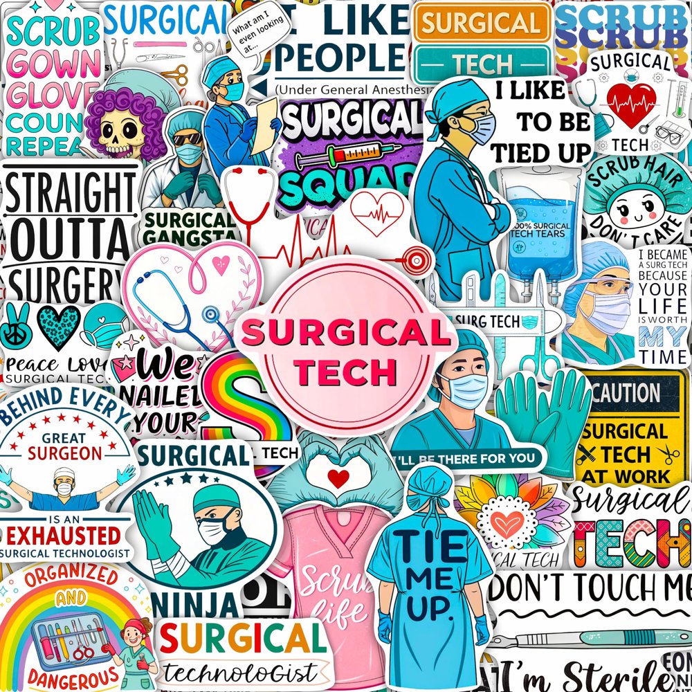 100Pcs Surgical Tech Stickers for Water Bottle, Laptop, Scrub Tech Stickers - Surgical Technologist Gifts Bulk - Gift for Women & Men