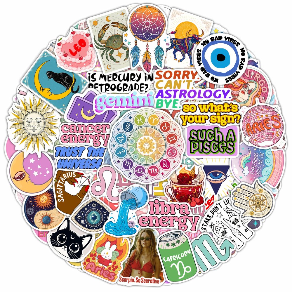 100Pcs Astrology Stickers for Water Bottle, Laptop - Zodiac Stickers - Astrology Gift, Party Decoration - Mystical Decals - Gift for Women & Men