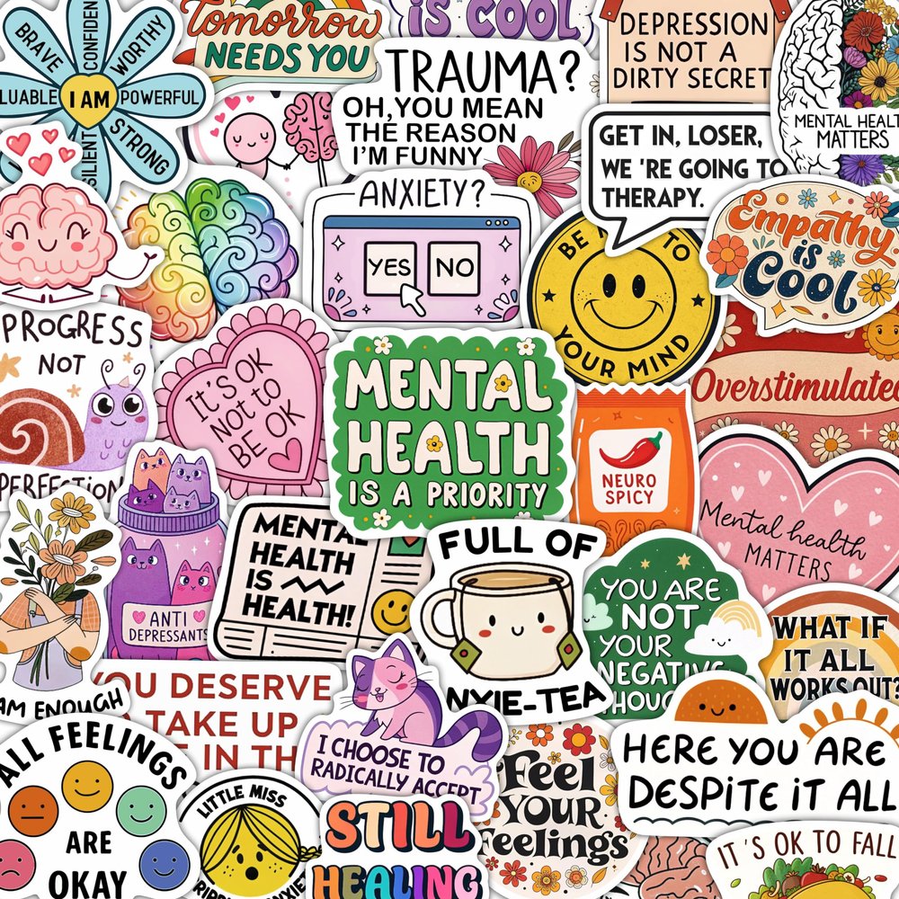 100Pcs Mental Health Stickers for Adults, for Water Bottle - Mental Health Awareness Gifts - Therapist, Counselor Stickers - Gift for Women & Men