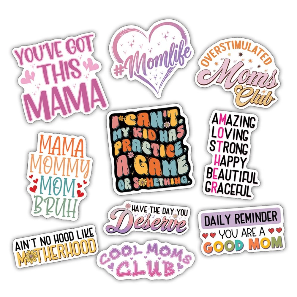 10pcs Mom Life Sticker Sheet, Funny and Cute Vinyl Decals for Mothers, Moms, and Family Life, Waterproof, UV-Resistant, for Laptop, Water Bottle, Journal, Car, Notebook, Phone Case (Design 2)