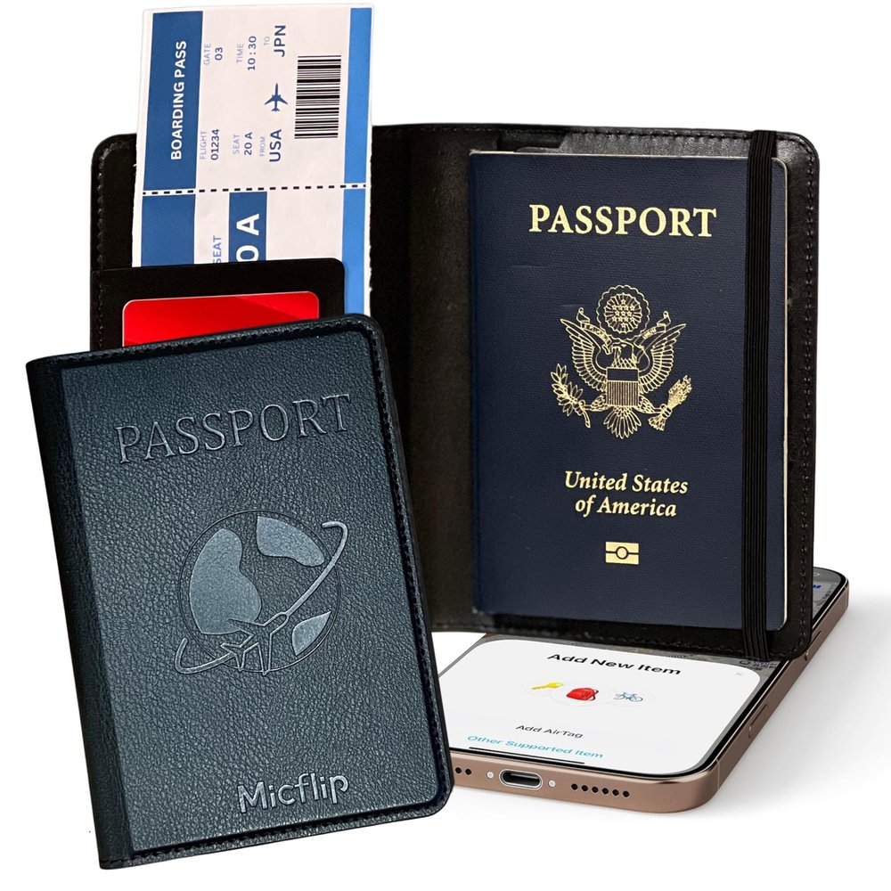 Smart Passport Holder with Built-in Wireless Tracker  MFi Certified  Compatible with Apple Find My  Travel Wallet with Card Slots, Boarding Pass Pocket & SIM Storage  PU Leather (Black)