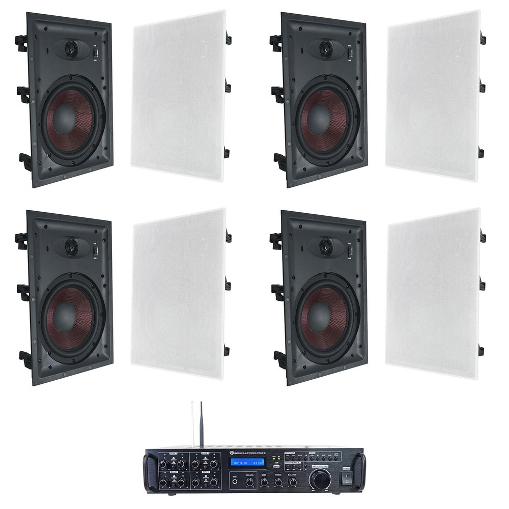 Rockville Bundle: Rock Zone 8 8-Channel 8-Zone 1000W RMS Multi Room Receiver/Amplifier Bundle with (4) Pairs of WA858 8" in-Wall Home Speakers w Kevlar Woofer+Silk Dome Tweeter (5 Items)
