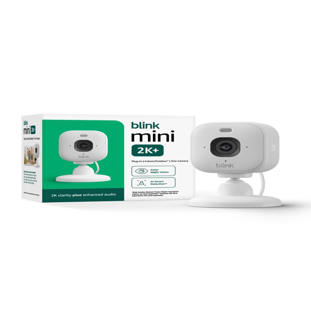 Blink Mini 2K+ (newest model)  Plug-in Home & Pet Indoor Security Camera with 2K video resolution, night vision, enhanced audio, motion detection  1 camera (White)