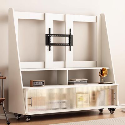 JIAOCKJIAO JKGHK Rolling TV Stand on Wheels, Mobile TV Stand with Adjustable Height and Angle, Mobile Floor TV Cart with Glass Sliding Door Storage, Portable Rolling TV Cart fit 25"-50" TVs(White)