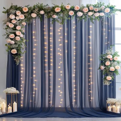1010ft Navy Blue Tulle Backdrop Curtain with Lights String for Parties, Sheer Photo Backdrop Curtains for Wedding Party Photography Background