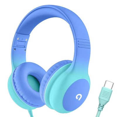 ADOOPE Wired Kids Headphones with USB C Plug, 85dB Safe Volume, Adjustable Headband, Tangle-Free Cord Headphones for School, Tablet, Travel (Sky Blue & Mint Green, Without Microphone)