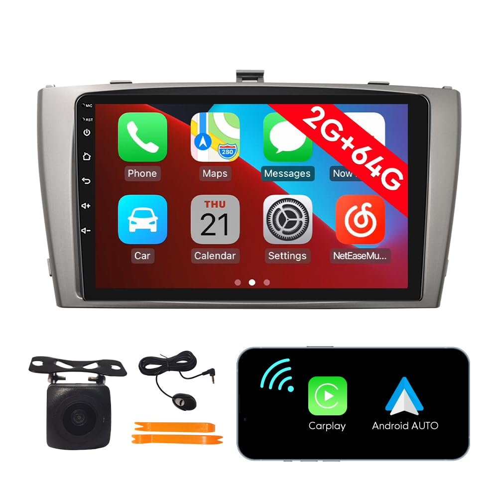 [2G 64G] Android Car Stereo FM Radio Carplay Android Auto 9" Touchscreen Headunit Media Player with Backup Camera for Toyota Avensis 2009 2010 2011 2012 2013 2014 2015 Silver