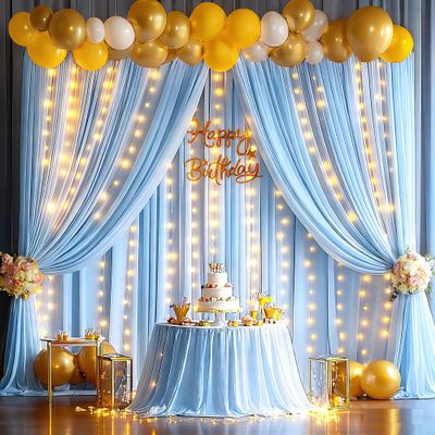 10x10ft Baby Blue Backdrop Curtains with Lights String for Baby Shower Wrinkle Free Curtains Soft Fabric Photo Drapes Backdrop for Birthday Wedding Parties Background Decorations 5x10ft, 2 Panels