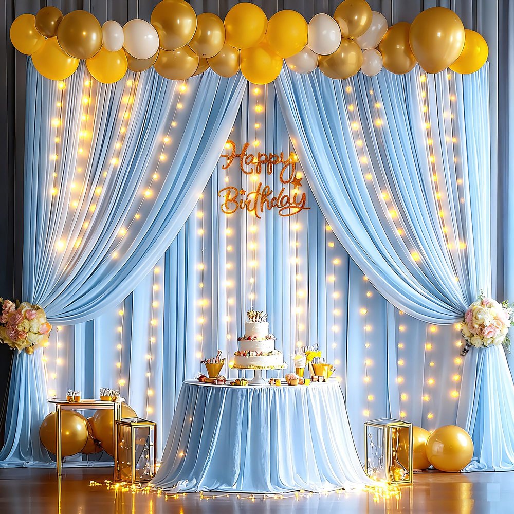 10x10ft Baby Blue Backdrop Curtains with Lights String for Baby Shower Wrinkle Free Curtains Soft Fabric Photo Drapes Backdrop for Birthday Wedding Parties Background Decorations 5x10ft, 2 Panels