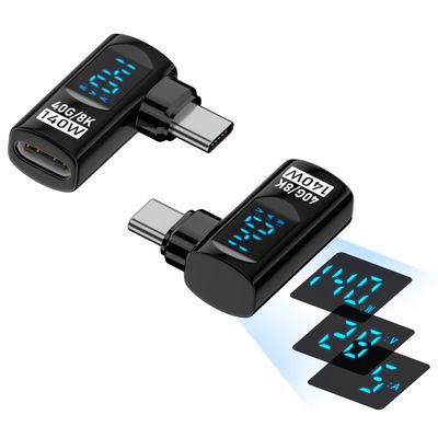2 Pack USB C Adapter with Digital Display, 140W Right Angle USB-C Male to Female Connector for iPhone 16/15 Series, MacBook, Support Voltage, Current and Power Smart LED Display (Left and Right Angle)