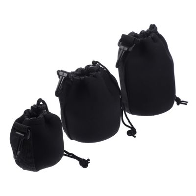 Happyyami 3pcs Neoprene Camera Lens Case Set for DSLR Lenses Waterproof Drawstring Lens Pouch for Outdoor Photography Soft Protector Bags in Black