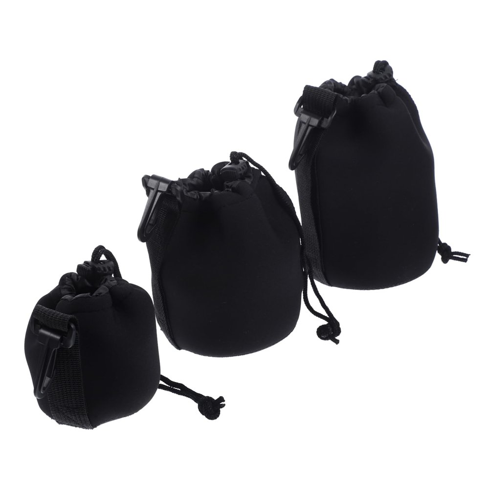 Happyyami 3pcs Neoprene Camera Lens Case Set for DSLR Lenses Waterproof Drawstring Lens Pouch for Outdoor Photography Soft Protector Bags in Black