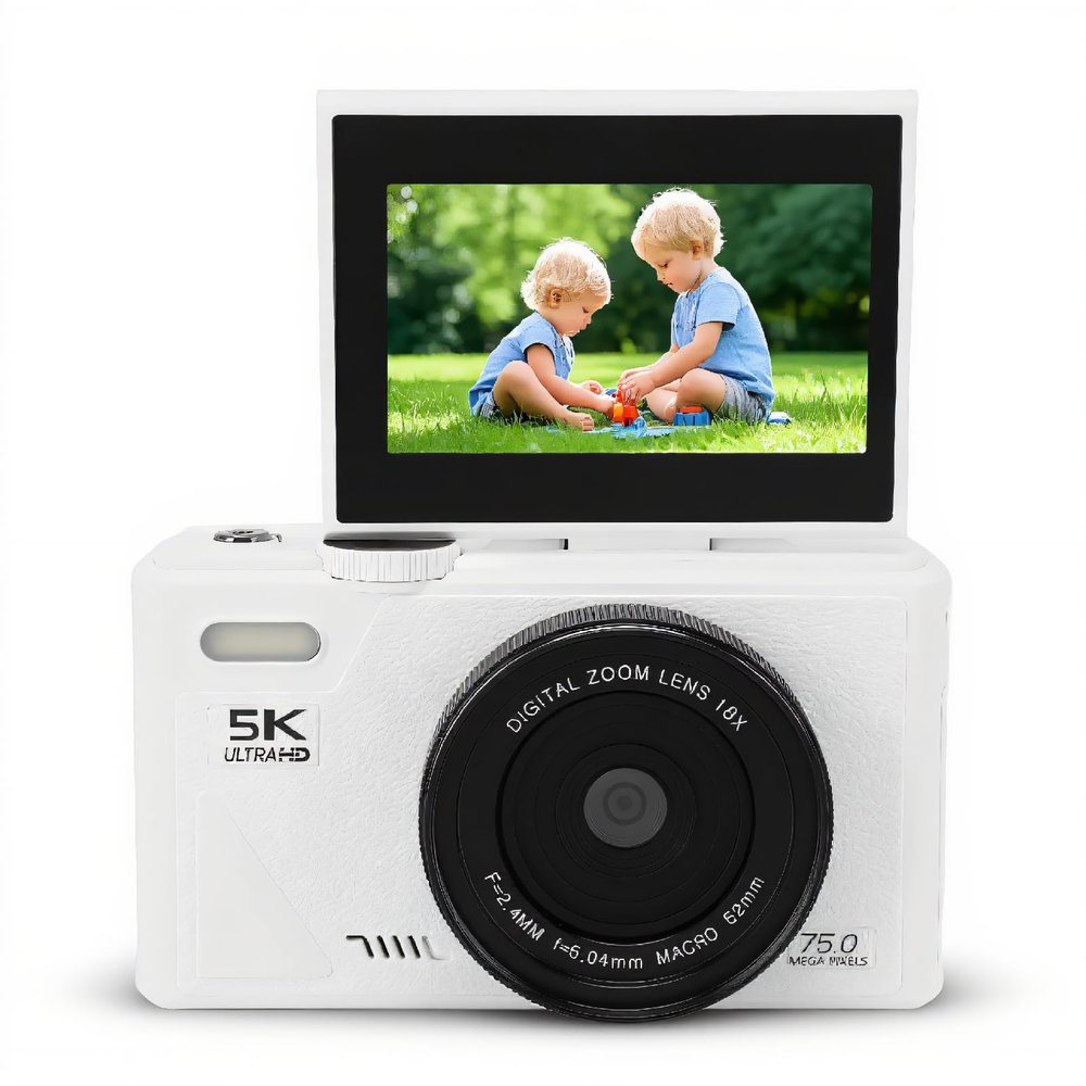 Tangxi 5K Digital Camera for Photography, 75MP HD 18X Digital Zoom, Autofocus, 3 180 Flip Screen, Multi Axis Stabilization, Retro Mirrorless Camera for Travel/Vlogging (White)