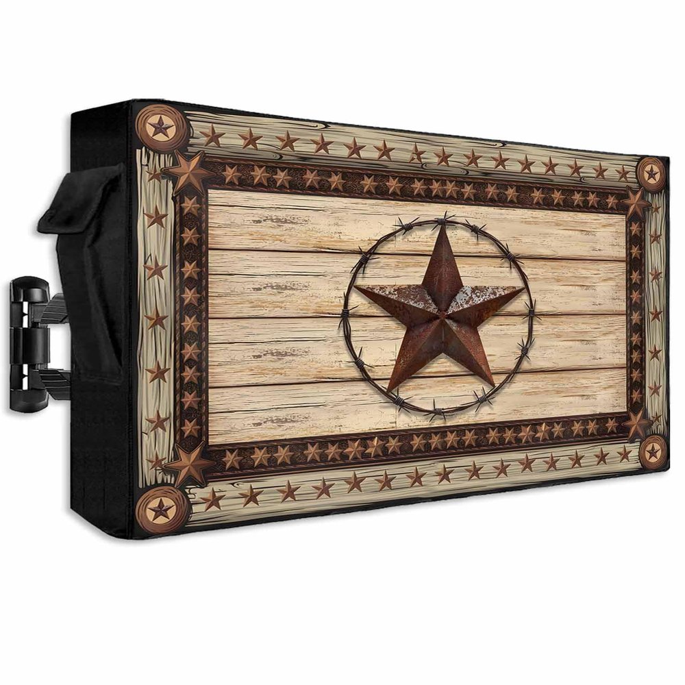 DOME-SPACE Western Texas Shabby Star Outdoor TV Cover for Outside Flat Screen Televisions, Retro Farmhouse Brown Wood Weatherproof TV Screen Protector with Zipper for 60 to 65 Inch Screens