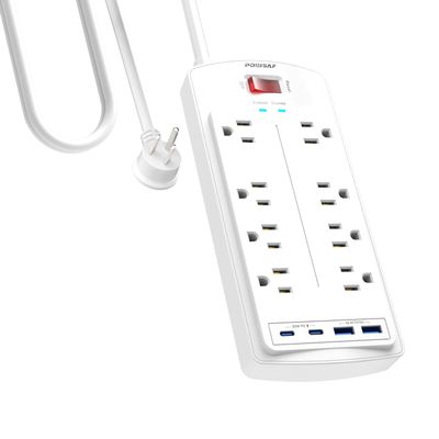 8-Outlet Surge Protector Power Strip, POWSAF 10Ft Flat Plug Extension Cord with 2 USB-C (PD 20W) Fast Charging Ports and 2 USB-A Ports for Home, Office, 2700 Joules, ETL, White