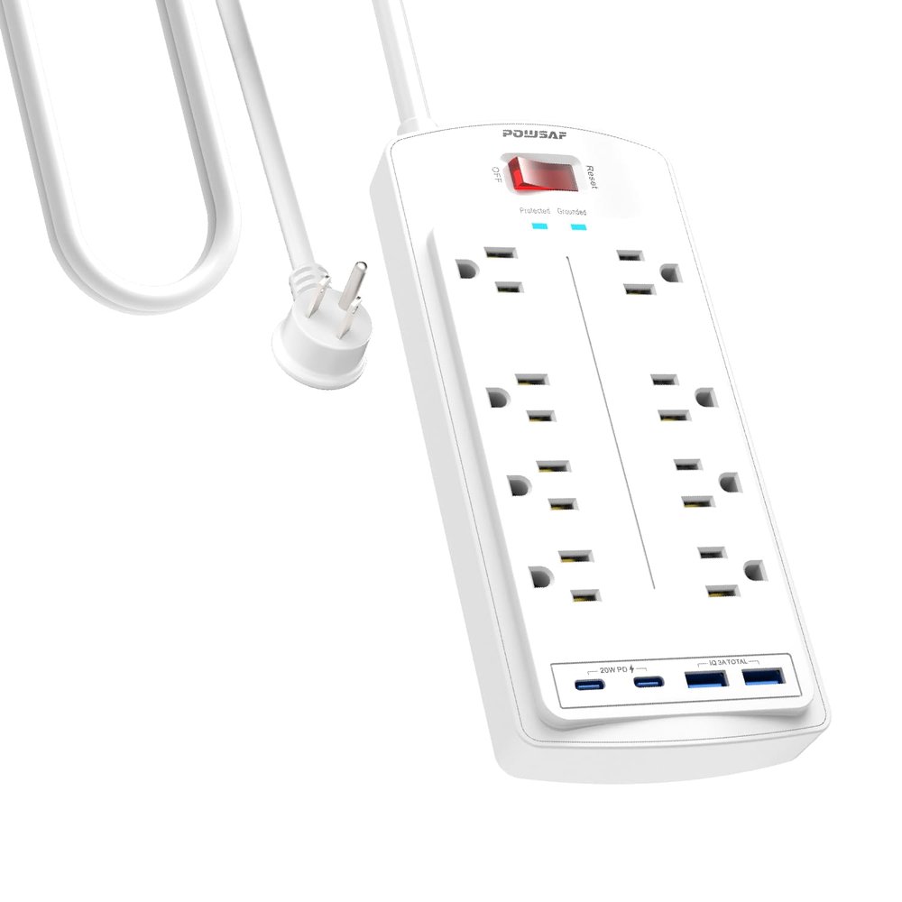 8-Outlet Surge Protector Power Strip, POWSAF 10Ft Flat Plug Extension Cord with 2 USB-C (PD 20W) Fast Charging Ports and 2 USB-A Ports for Home, Office, 2700 Joules, ETL, White