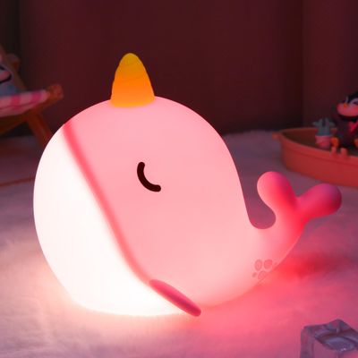 Ammonite Pink Narwhal Night Light, Soft Silicone Whale Nursery Lamp with 3 Dimming Levels and 30-Minute Timer, Touch Control Nightlight for Bedroom Decor, Christmas Birthday Gift