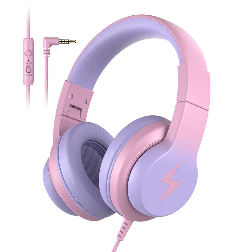 Candy Bila Kids Wired Headphones for Kids with Microphone, 85/94dB Volume Limiter Headphones for Girls Boys, Light Purple