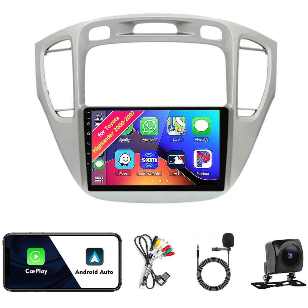 Car Radio Stereo for Toyota Highlander 2000-2007, Android 13, 9" IPS Touch Screen Upgrade Dash Kit with CarPlay & Android Auto, GPS Navigation DSP SWC 5G WiFi CameraSilver 8CORE 4+32GB