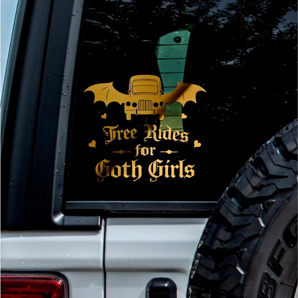 (2 Pcs, 6.4'' x 5.6'', Metallic Gold) No Background Durable and Waterproof of Free Rides for Goth Girls Sticker Decal for Laptops, Water Bottles, Cars, Trucks, Wall Ideal Gift