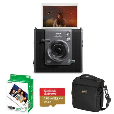 Instax Wide Evo Hybrid Instant Camera, Bundle 20-Pack Film, 128GB Micro SD Card, Camera Shoulder Bag