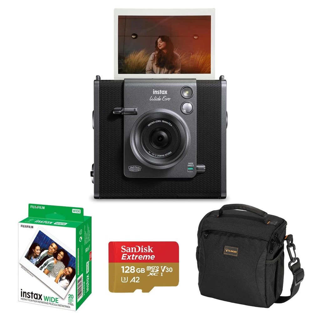 Instax Wide Evo Hybrid Instant Camera, Bundle 20-Pack Film, 128GB Micro SD Card, Camera Shoulder Bag