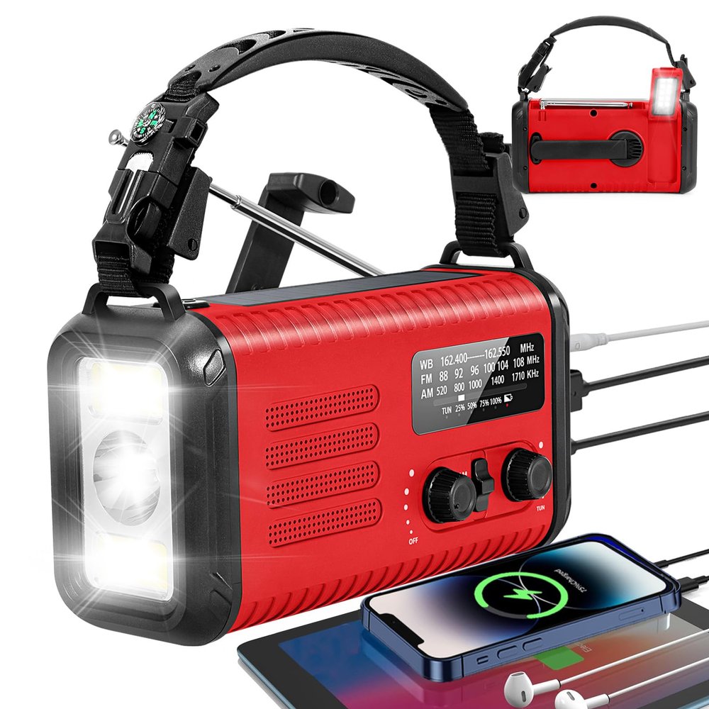 Emergency Hand Crank Radio, NOAA Weather Radio, 20000mAh Rechargeable Solar AM/FM Radio, Portable USB-C Fast Charger, Flashlight, Reading Lamp SOS Alarm for Hurricane Storm Camping Hiking (Red)