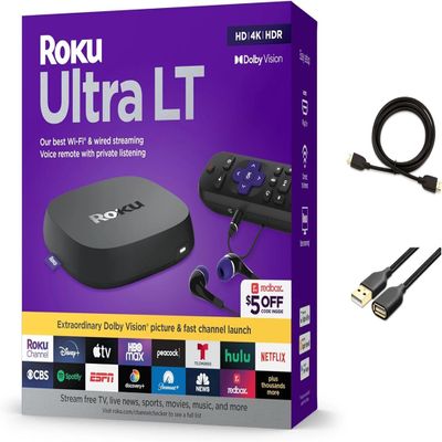 Roku Ultra LT Streaming Device 4K/HDR/Dolby Vision/Dual-Band Wi-Fi with Roku Voice Remote and HDMI Cable, with USB Extension Cord and HDMI