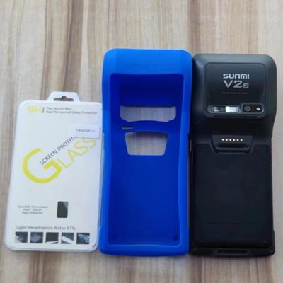 AudioPartner Soft Silicone Anti-Fall Durable Protective Shell Skin Case Cover for SUNMI V2S V2 Tempered Glass Screen Protector Film (V2S Blue case and Glass)